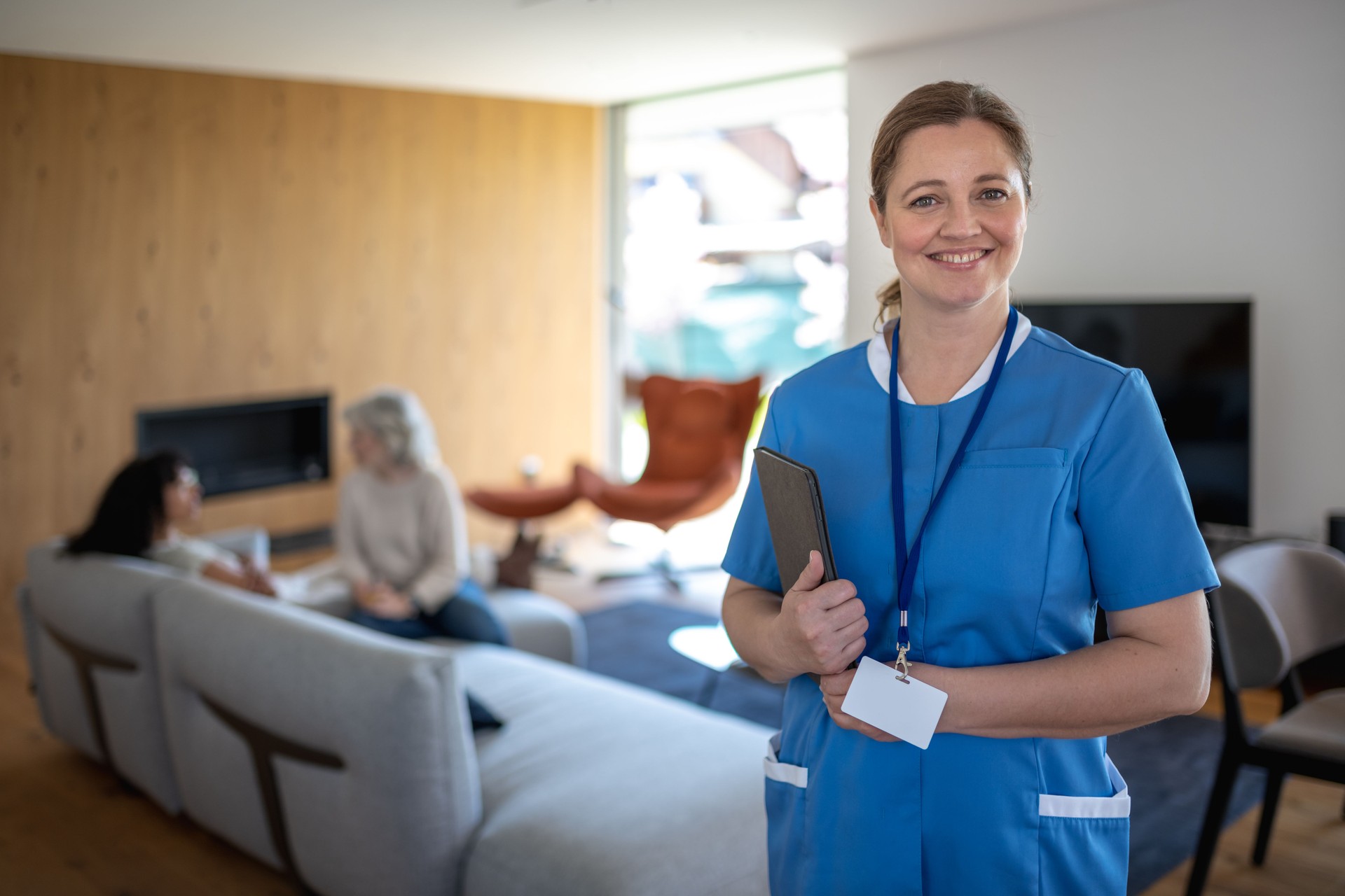 Visit of medical staff in uniform (nurse, doctor) to the patient at home